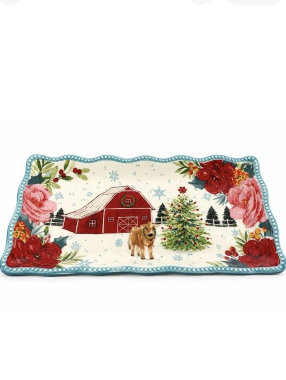The Pioneer Woman Red and Teal Holiday Barn Ceramic Serving Platter
